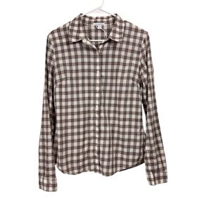 James Perse Size 3 Medium Purple Brown Plaid Button Front Long Sleeve Shirt Top